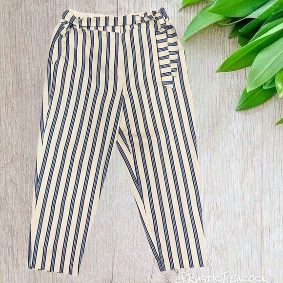 Bcbgeneration Pants Women's 12 Off White Blue Striped Cropped Tie Waist Trousers - Picture 1 of 6